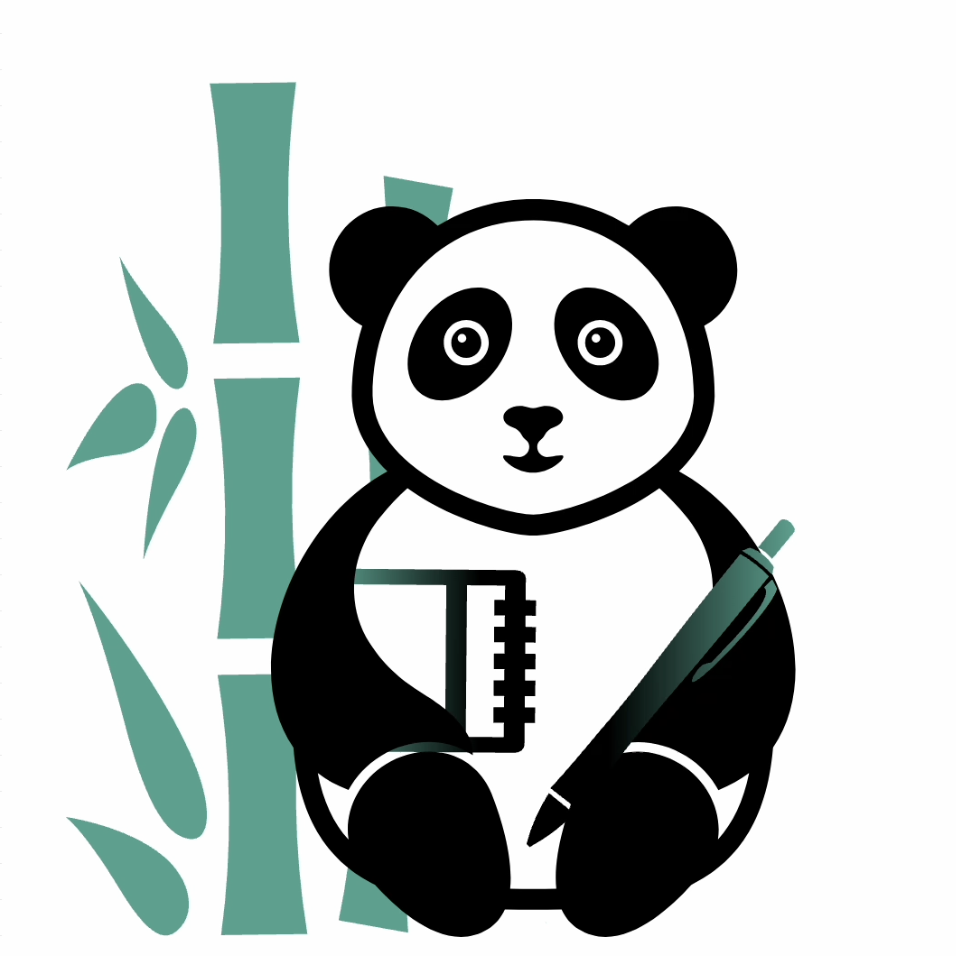 placeholder image of a panda sitting down holding pen and paper with some bamboo behind it